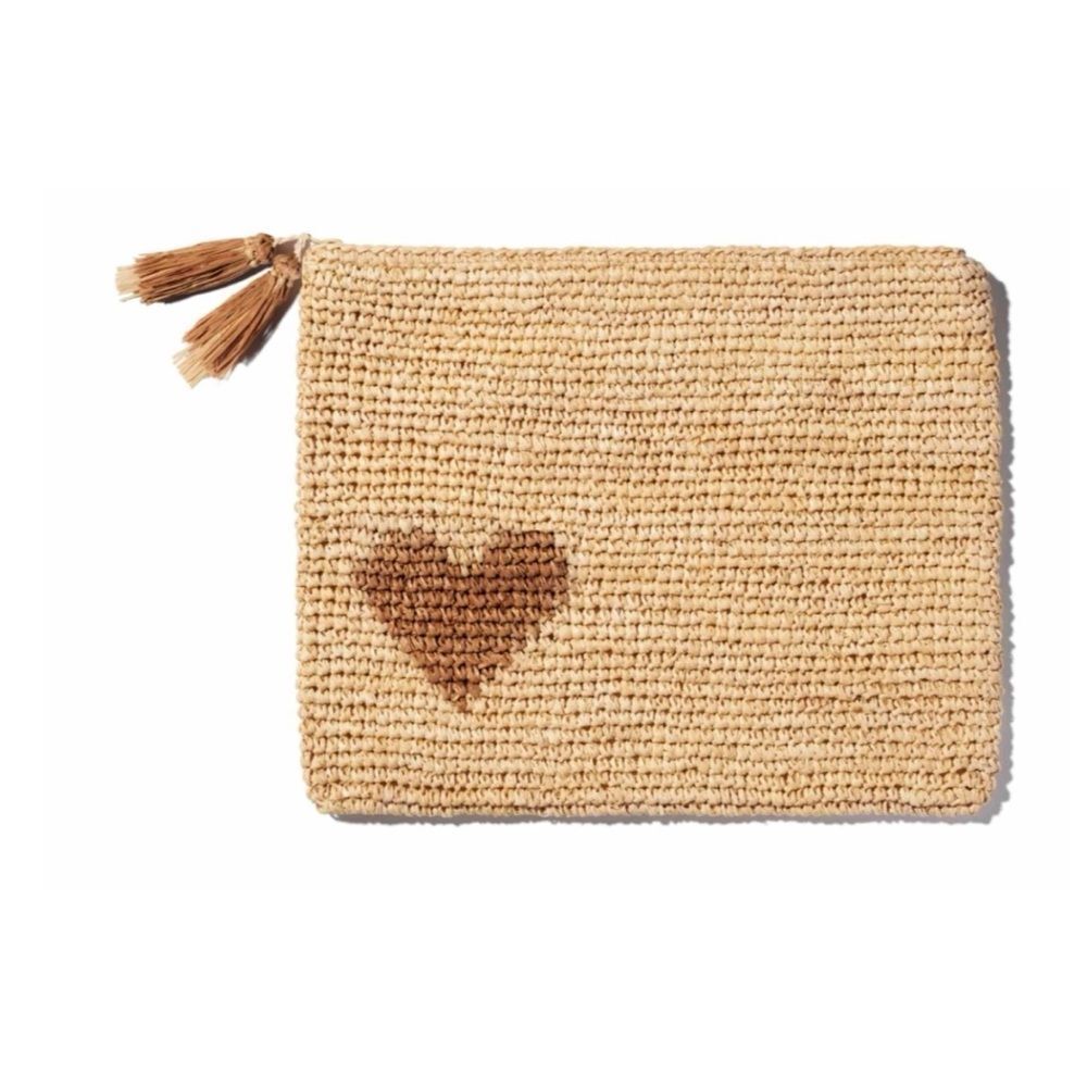 Woven Straw Heart Pouch - Natural/Tan
